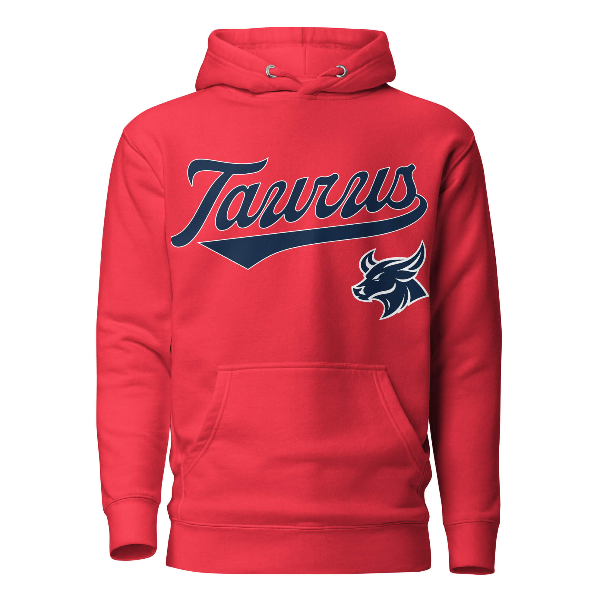 Taurus zodiac sports graphic hoodie, red with blue ink, unisex athletic astrology apparel, front flat lay