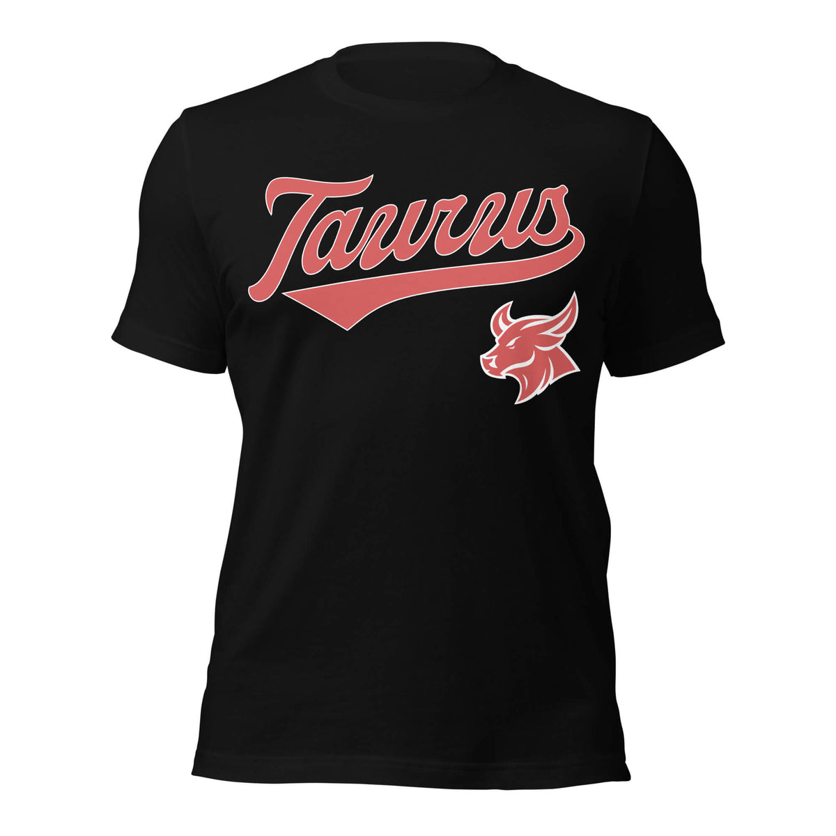 Taurus zodiac sports graphic t-shirt, black with red ink, unisex athletic astrology apparel, front flat lay