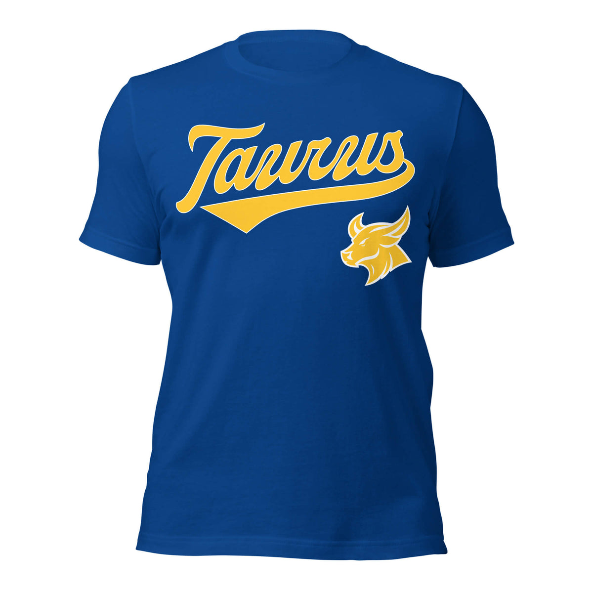 Taurus zodiac sports graphic t-shirt, blue with gold ink, unisex athletic astrology apparel, front flat lay
