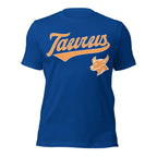 Taurus zodiac sports graphic t-shirt, blue with orange ink, unisex athletic astrology apparel, front flat lay