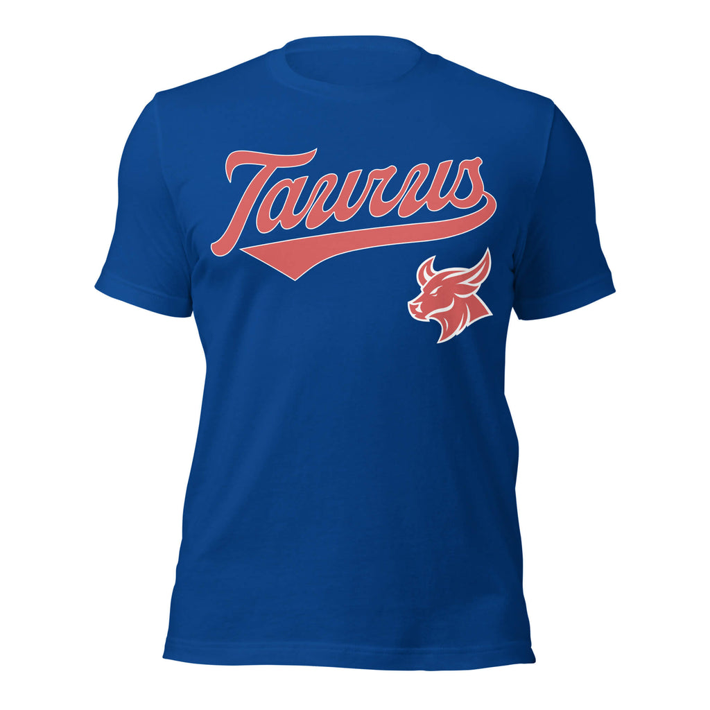 Taurus zodiac sports graphic t-shirt, blue with red ink, unisex athletic astrology apparel, front flat lay