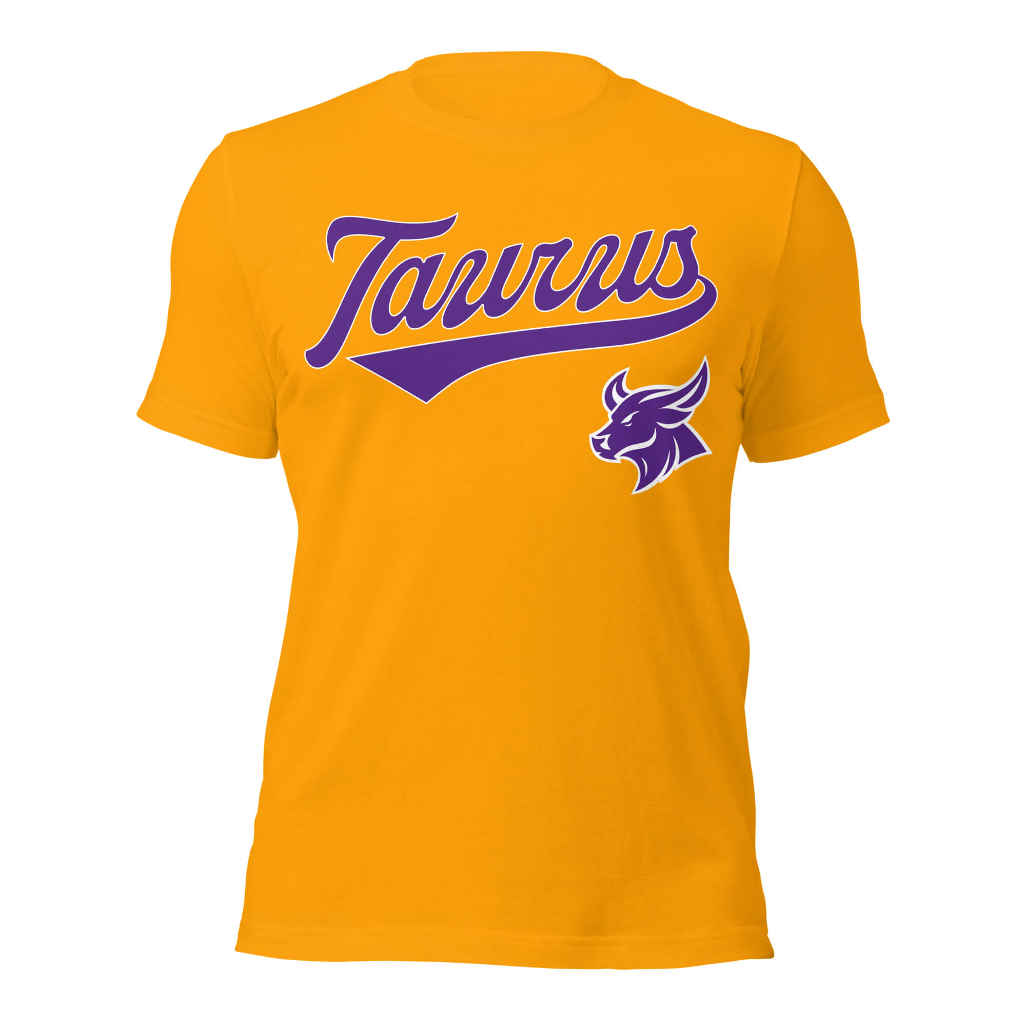 Taurus zodiac sports graphic t-shirt, gold with purple ink, unisex athletic astrology apparel, front flat lay