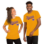 Two people wearing gold t-shirts with a Taurus zodiac graphic on a white background