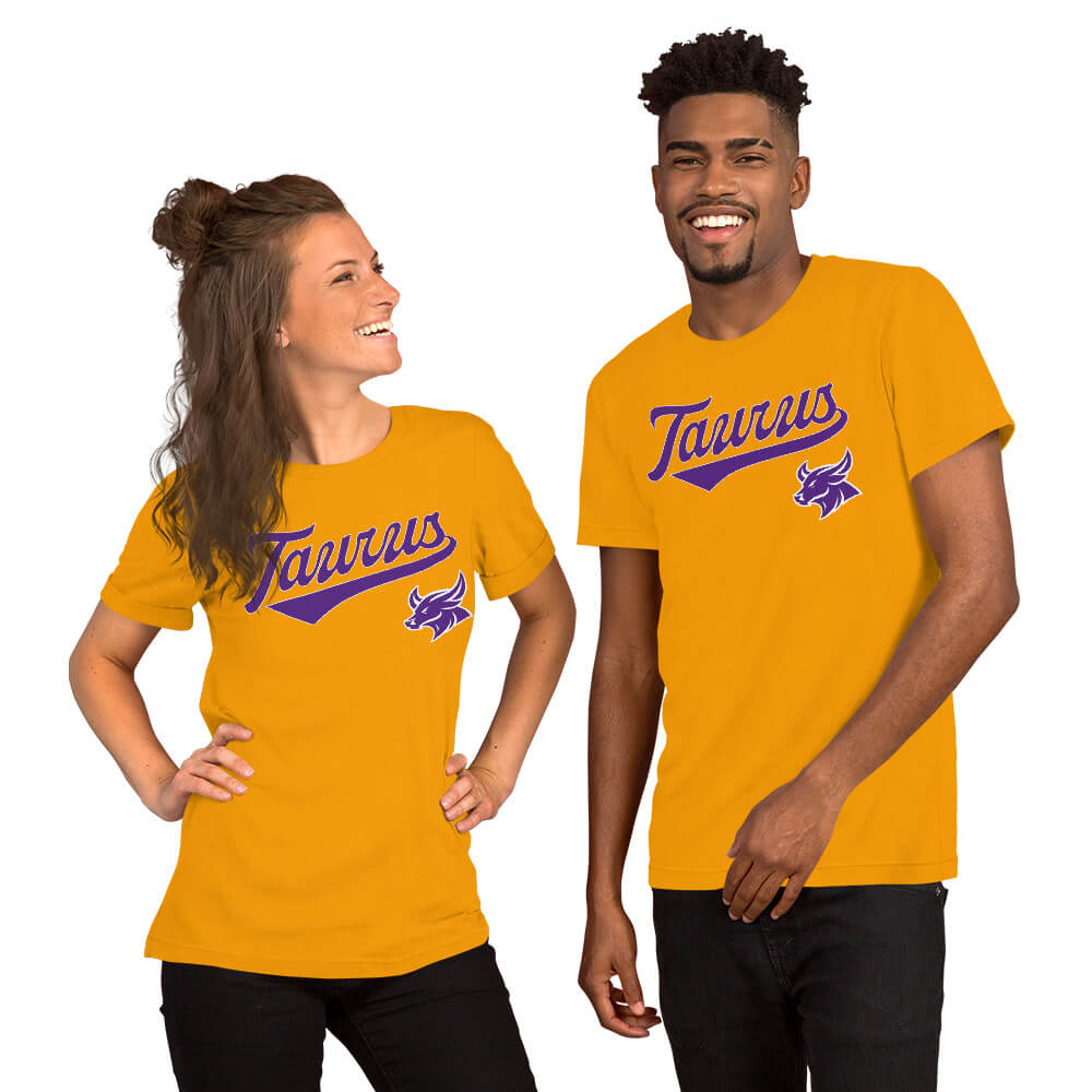 Two people wearing gold t-shirts with a Taurus zodiac graphic on a white background