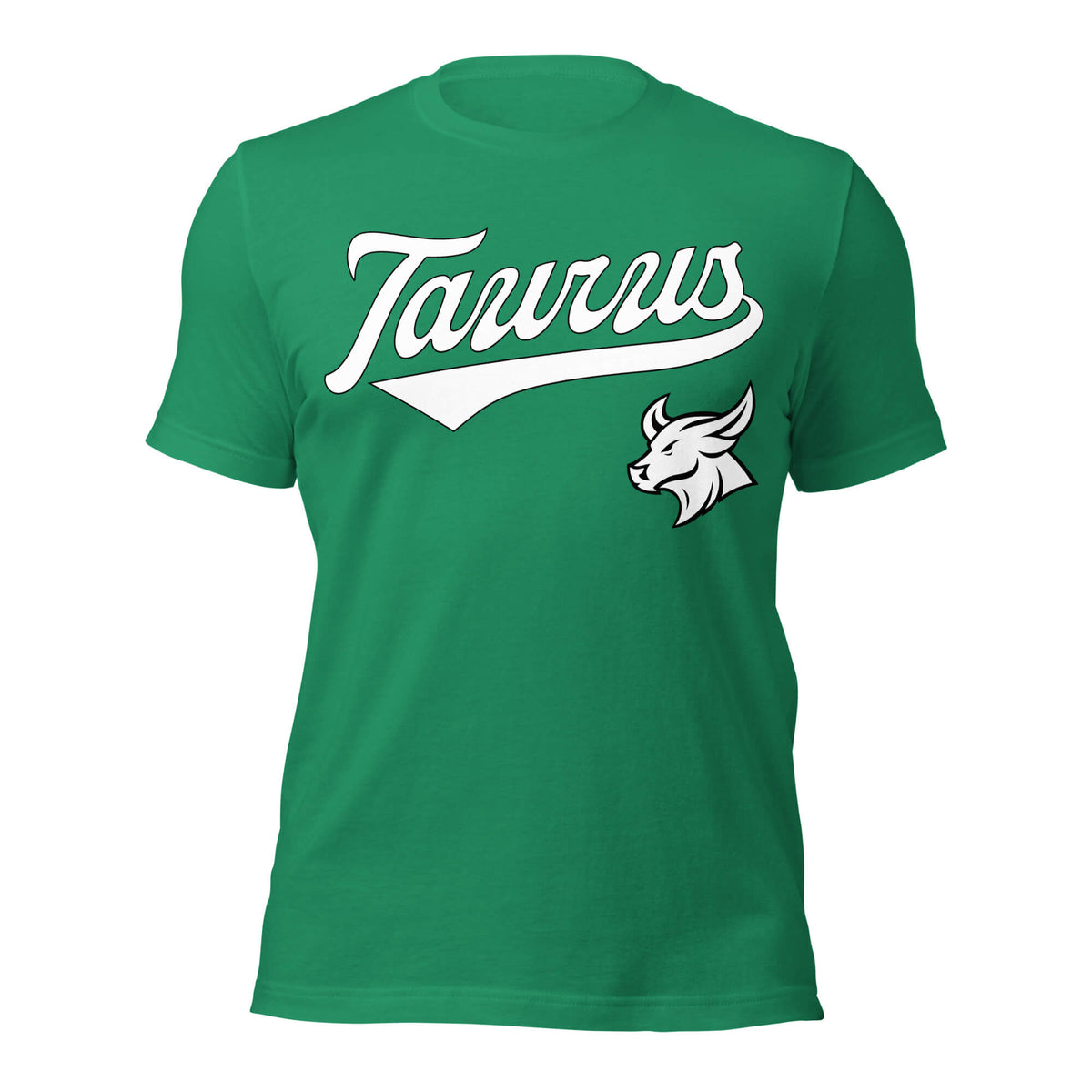 Taurus zodiac sports graphic t-shirt, green with white ink, unisex athletic astrology apparel, front flat lay