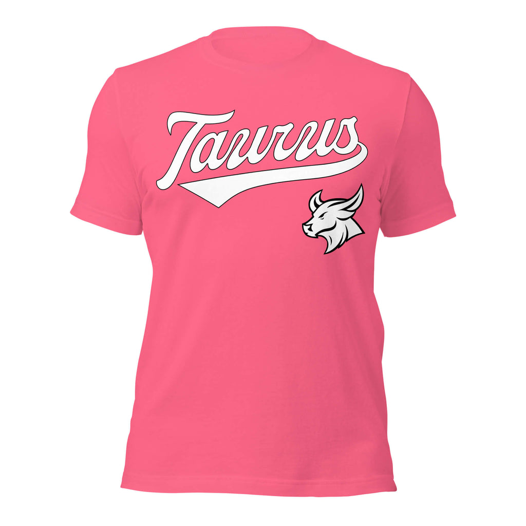 Taurus zodiac sports graphic t-shirt, pink with white ink, unisex athletic astrology apparel, front flat lay