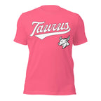 Taurus zodiac sports graphic t-shirt, pink with white ink, unisex athletic astrology apparel, front flat lay