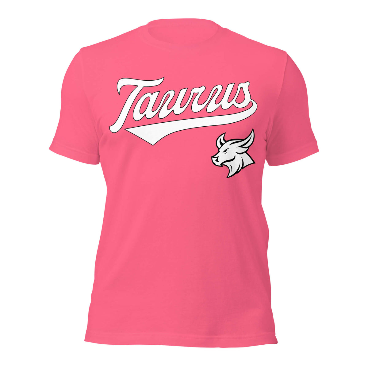 Taurus zodiac sports graphic t-shirt, pink with white ink, unisex athletic astrology apparel, front flat lay