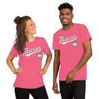A man and a woman modeling matching pink short-sleeve t-shirts with a white 'Taurus' zodiac graphic on the chest, set against a plain white background.