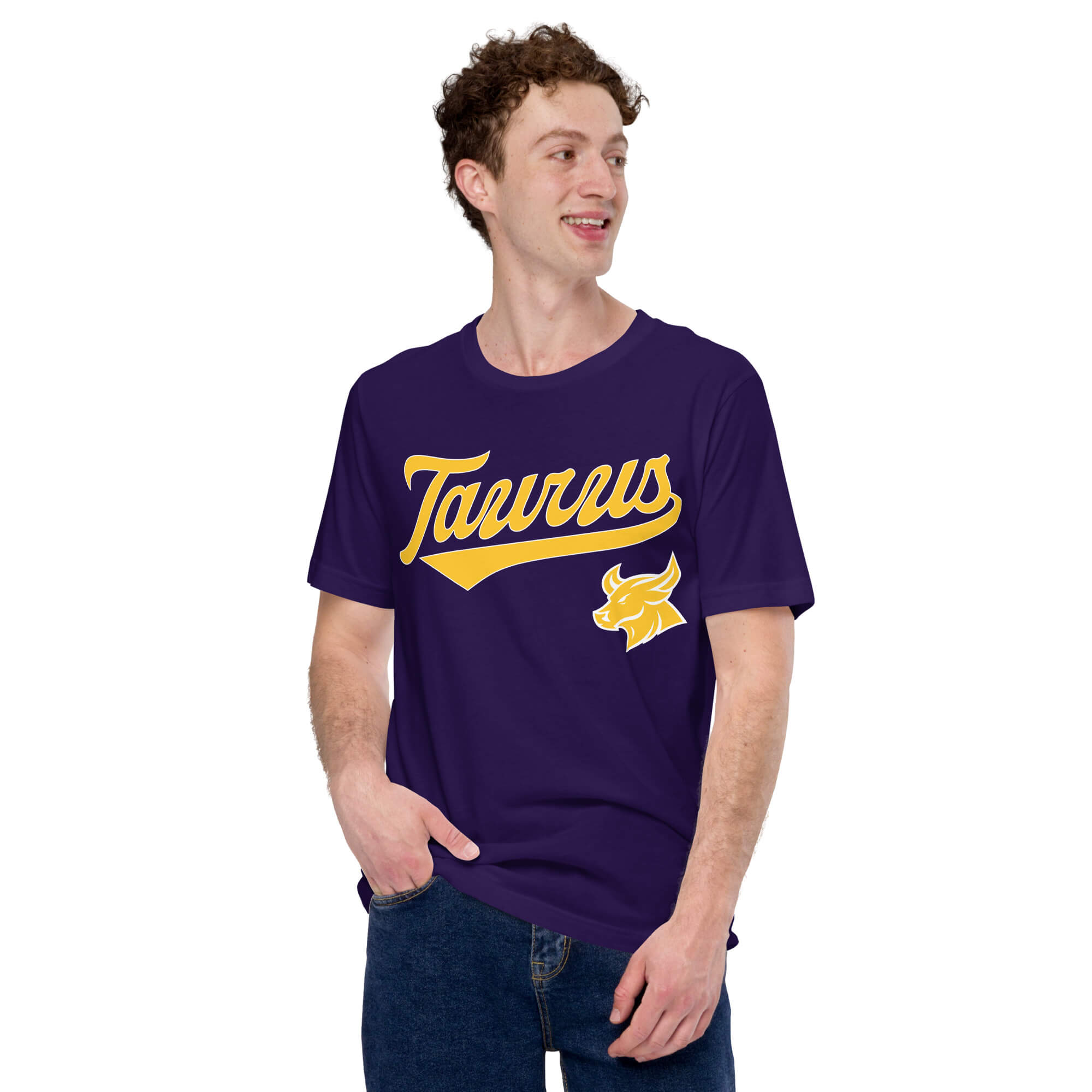 A man wearing a purple crewneck t-shirt with a gold 'Taurus' script logo and a yellow bull graphic on the front, paired with blue jeans, against a plain white background.