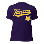 Taurus zodiac sports graphic t-shirt, purple with gold ink, unisex athletic astrology apparel, front flat lay