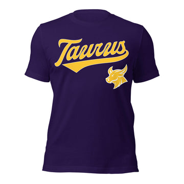 Taurus zodiac sports graphic t-shirt, purple with gold ink, unisex athletic astrology apparel, front flat lay
