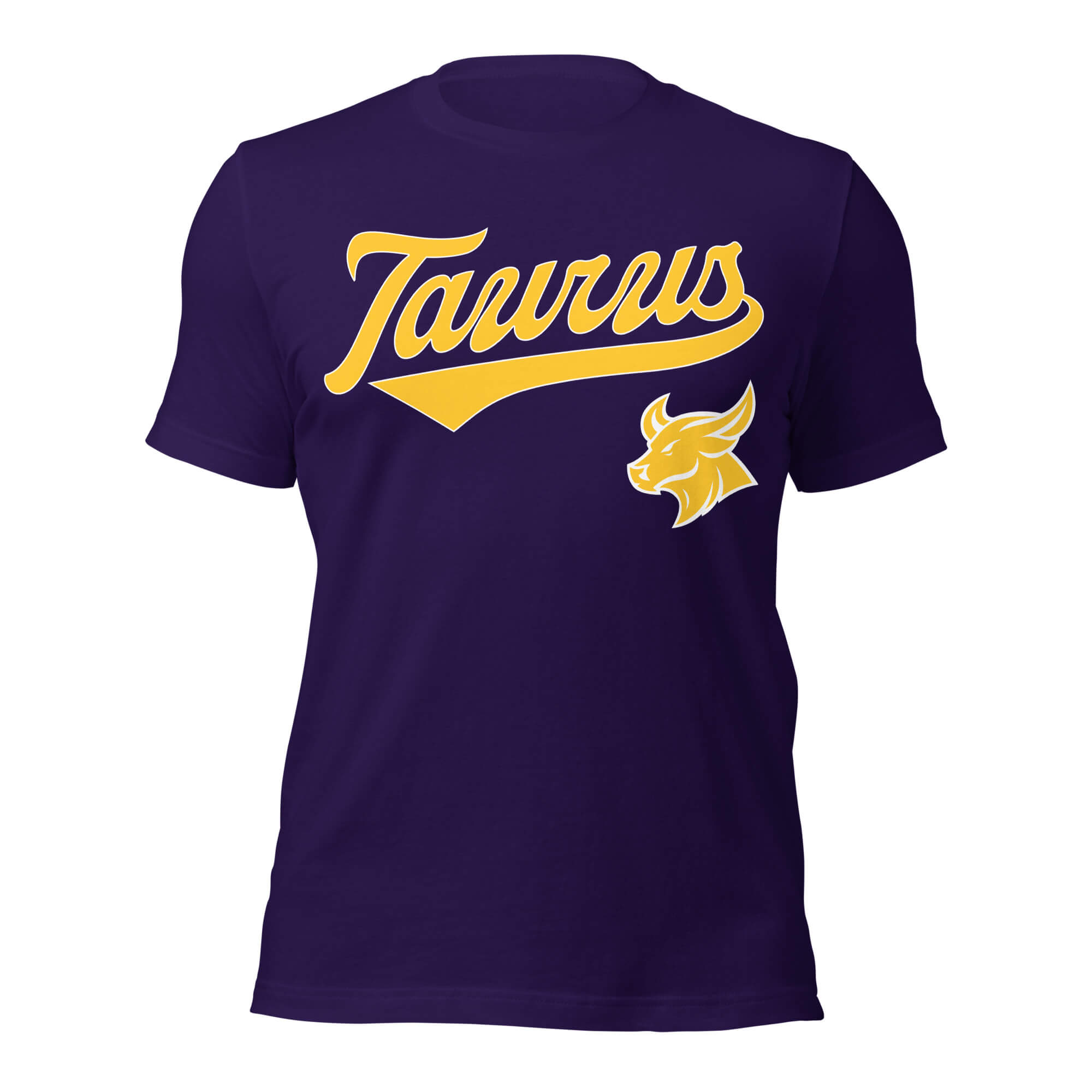 Taurus zodiac sports graphic t-shirt, purple with gold ink, unisex athletic astrology apparel, front flat lay