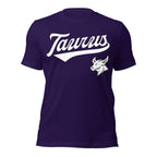 Taurus zodiac sports graphic t-shirt, purple with white ink, unisex athletic astrology apparel, front flat lay