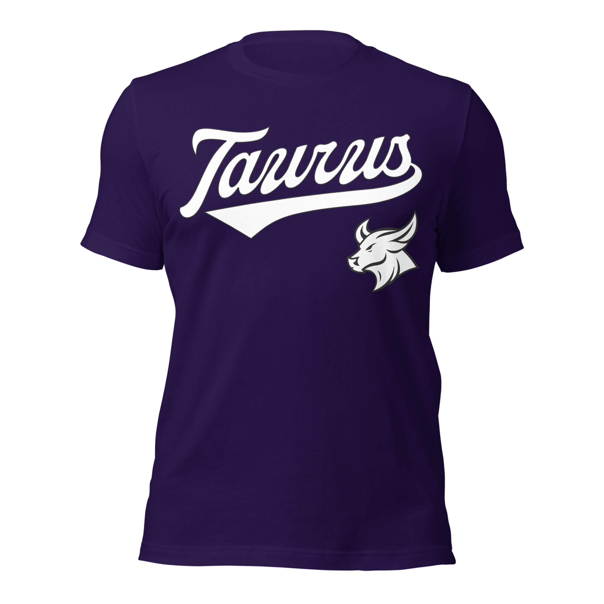 Taurus zodiac sports graphic t-shirt, purple with white ink, unisex athletic astrology apparel, front flat lay