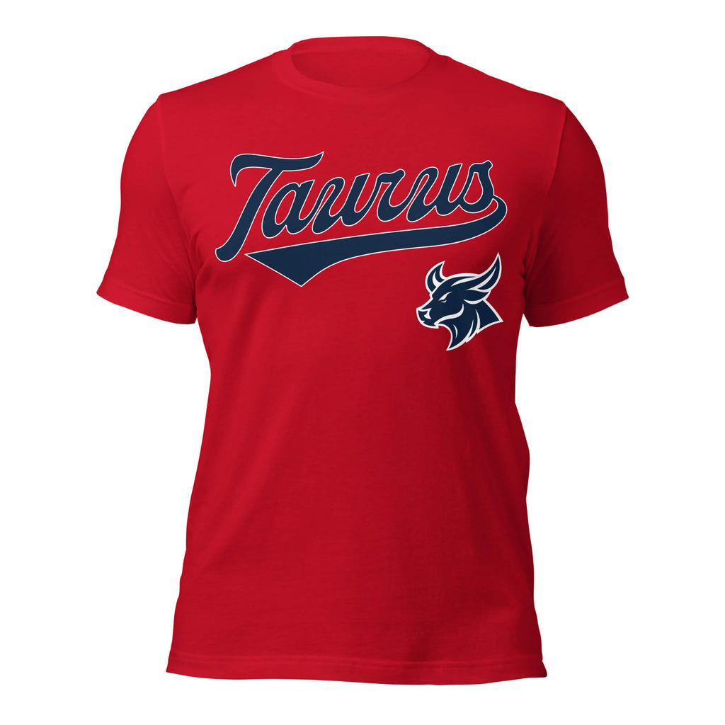 Taurus zodiac sports graphic t-shirt, red with blue ink, unisex athletic astrology apparel, front flat lay