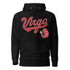 Virgo zodiac sports graphic hoodie, black with red ink, unisex athletic astrology apparel, front flat lay
