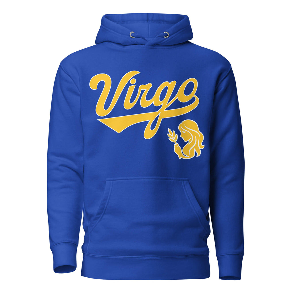Virgo zodiac sports graphic hoodie, blue with gold ink, unisex athletic astrology apparel, front flat lay