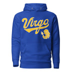 Virgo zodiac sports graphic hoodie, blue with gold ink, unisex athletic astrology apparel, front flat lay