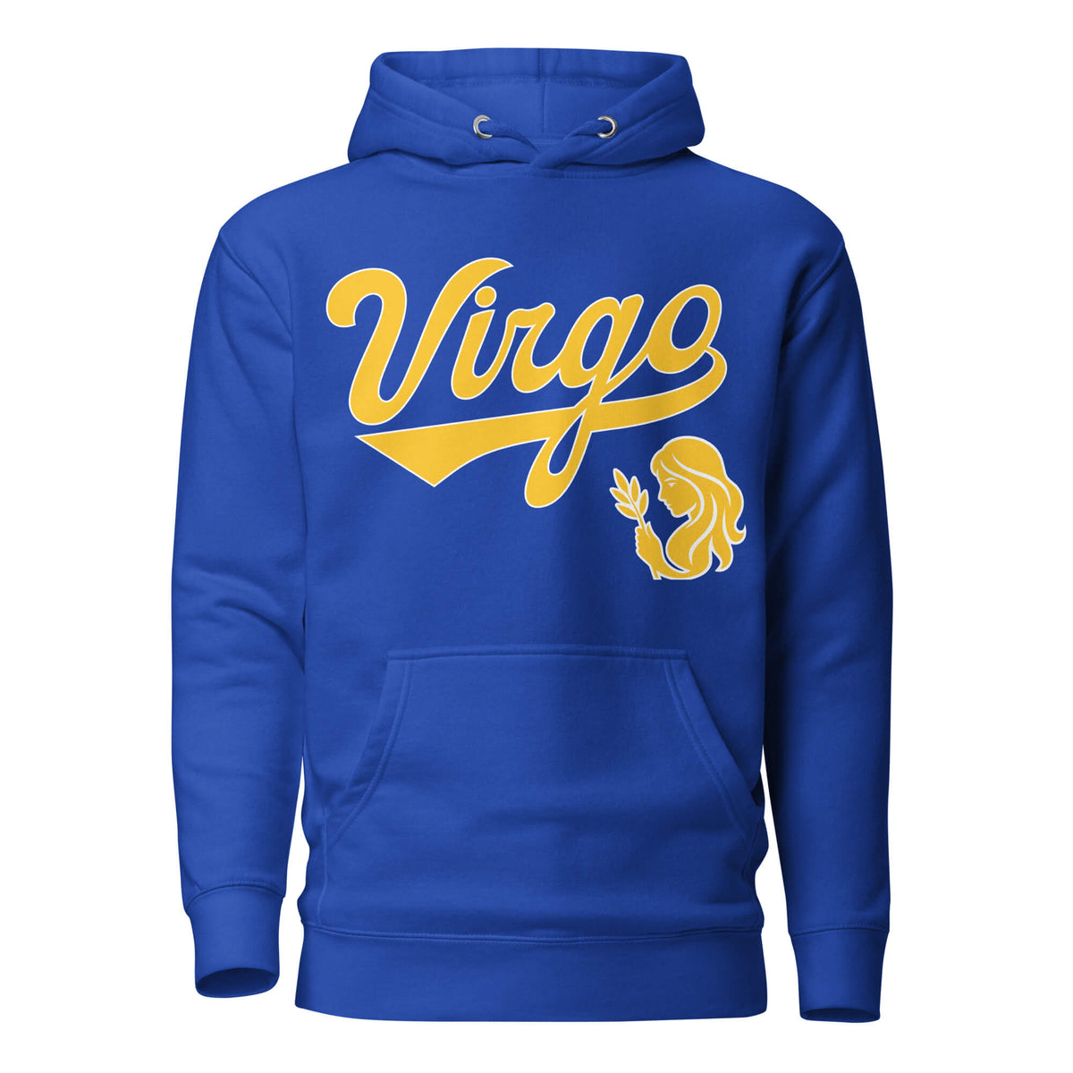 Virgo zodiac sports graphic hoodie, blue with gold ink, unisex athletic astrology apparel, front flat lay