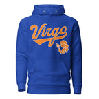 Virgo zodiac sports graphic hoodie, blue with orange ink, unisex athletic astrology apparel, front flat lay