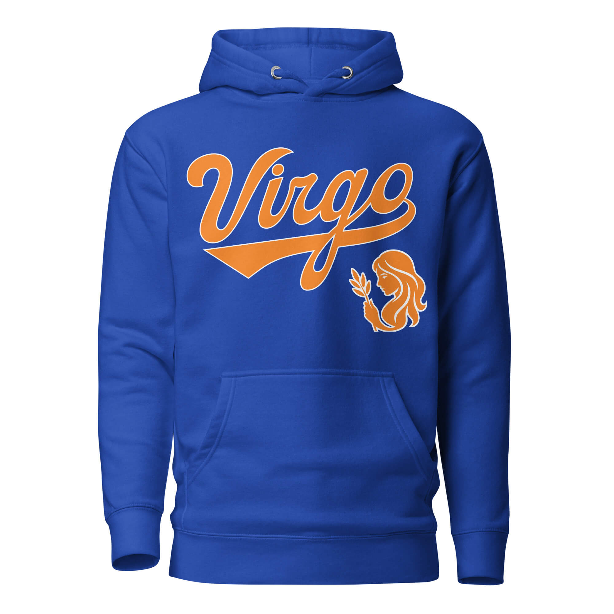 Virgo zodiac sports graphic hoodie, blue with orange ink, unisex athletic astrology apparel, front flat lay