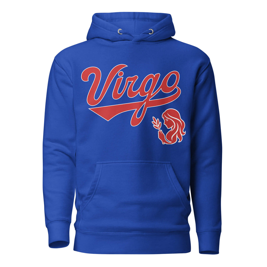 Virgo zodiac sports graphic hoodie, blue with red ink, unisex athletic astrology apparel, front flat lay