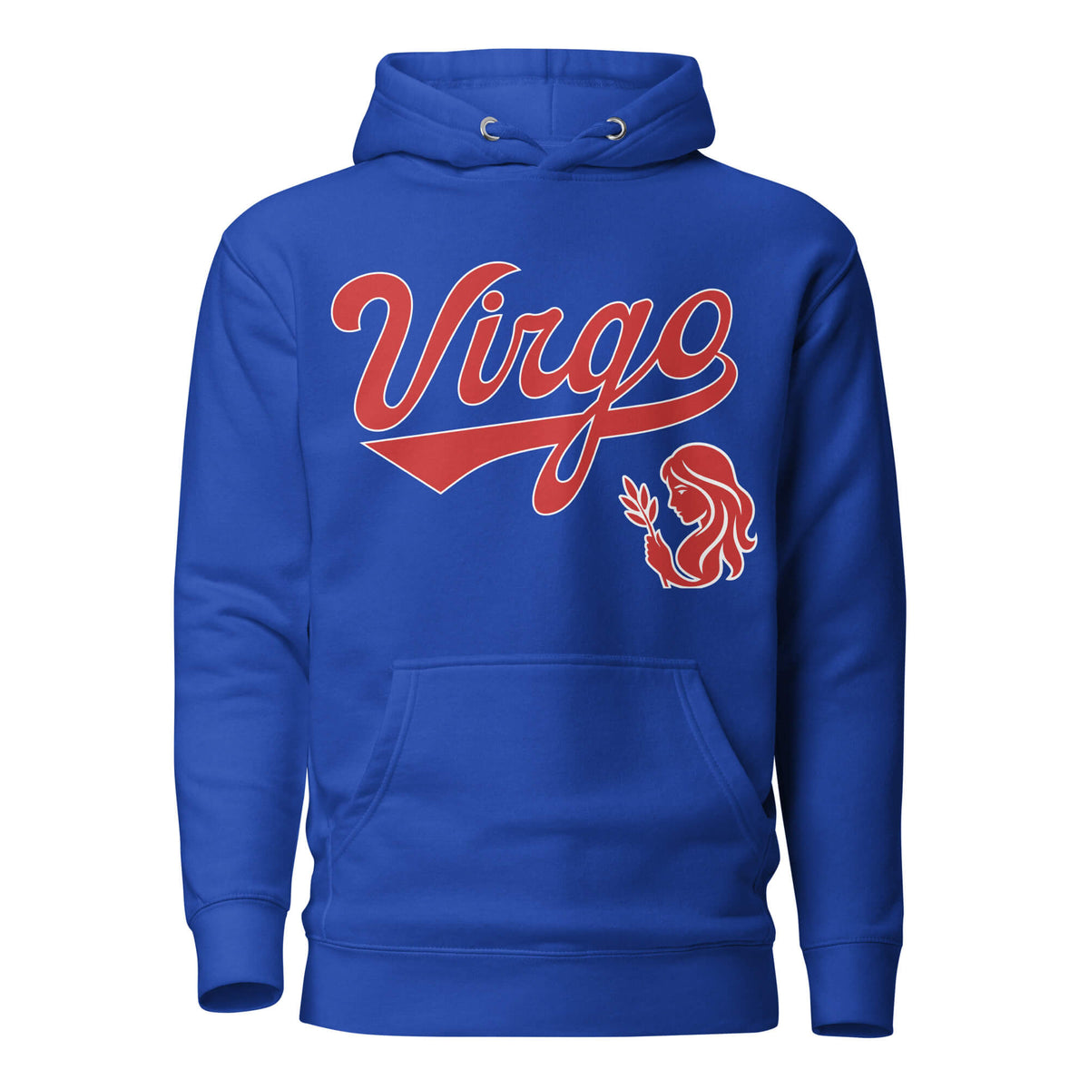 Virgo zodiac sports graphic hoodie, blue with red ink, unisex athletic astrology apparel, front flat lay