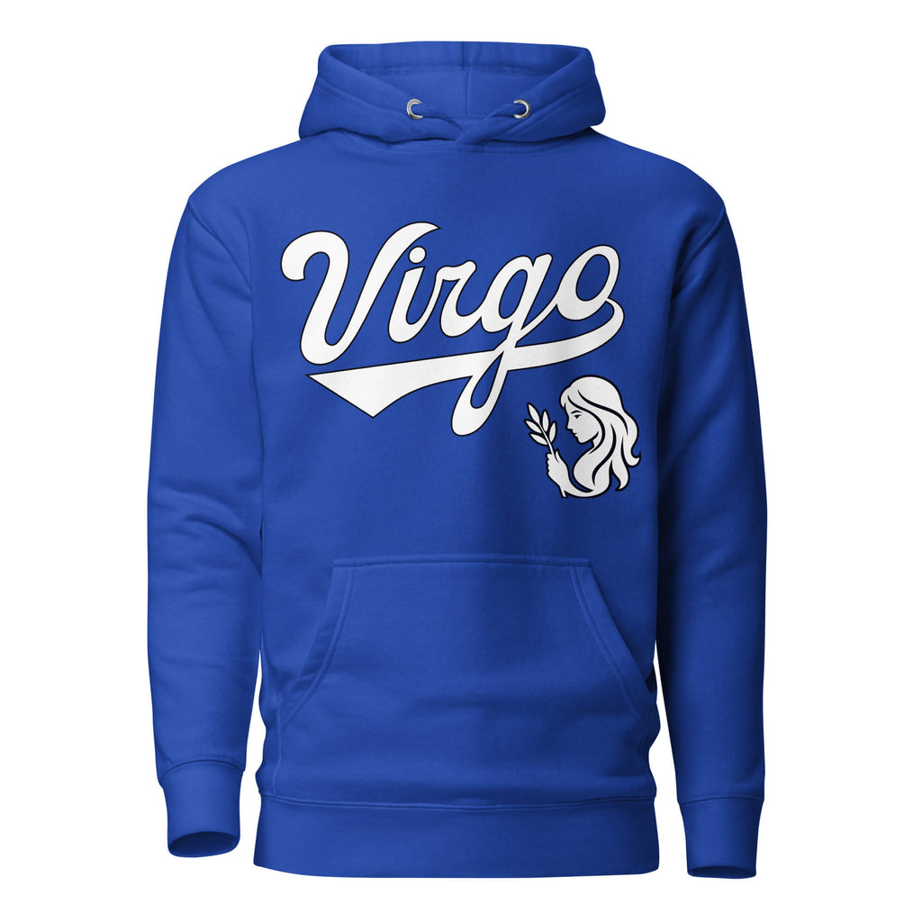 Virgo zodiac sports graphic hoodie, blue with white ink, unisex athletic astrology apparel, front flat lay