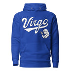Virgo zodiac sports graphic hoodie, blue with white ink, unisex athletic astrology apparel, front flat lay
