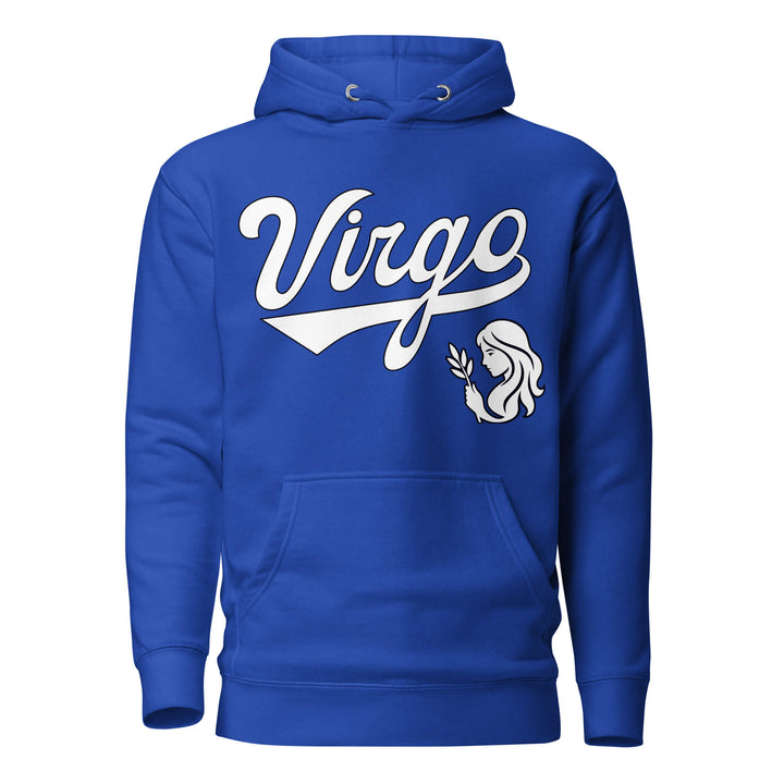 Virgo zodiac sports graphic hoodie, blue with white ink, unisex athletic astrology apparel, front flat lay
