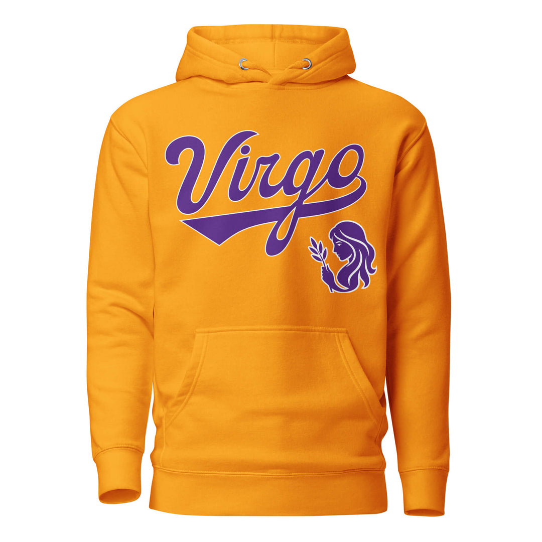 Virgo zodiac sports graphic hoodie, gold with purple ink, unisex athletic astrology apparel, front flat lay