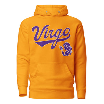 Virgo zodiac sports graphic hoodie, gold with purple ink, unisex athletic astrology apparel, front flat lay