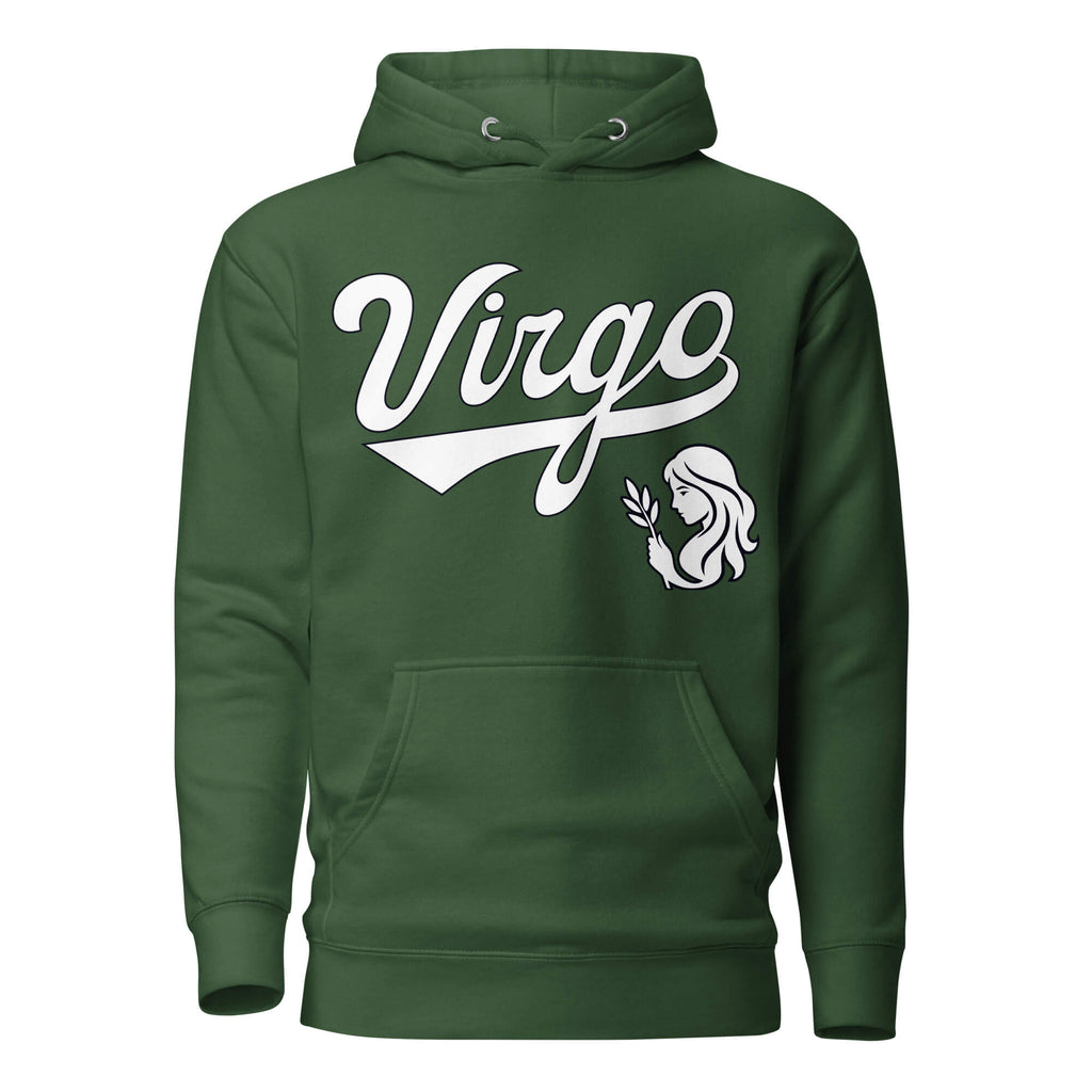 Virgo zodiac sports graphic hoodie, green with white ink, unisex athletic astrology apparel, front flat lay