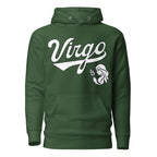 Virgo zodiac sports graphic hoodie, green with white ink, unisex athletic astrology apparel, front flat lay