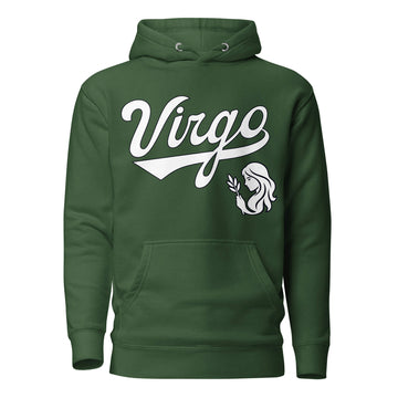 Virgo zodiac sports graphic hoodie, green with white ink, unisex athletic astrology apparel, front flat lay