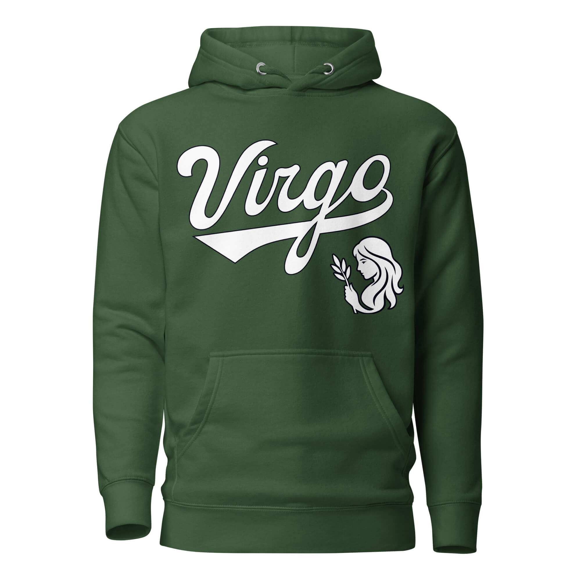 Virgo zodiac sports graphic hoodie, green with white ink, unisex athletic astrology apparel, front flat lay
