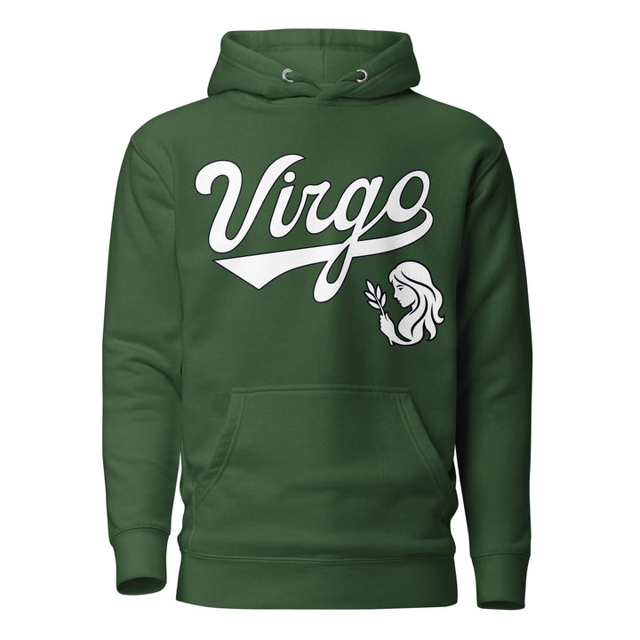 Virgo zodiac sports graphic hoodie, green with white ink, unisex athletic astrology apparel, front flat lay