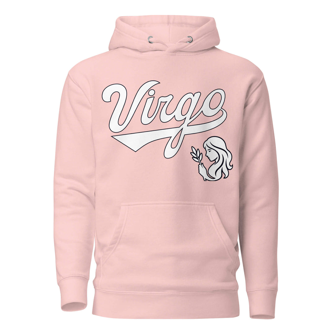 Virgo zodiac sports graphic hoodie, pink with white ink, unisex athletic astrology apparel, front flat lay