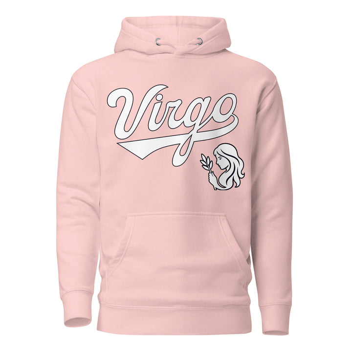 Virgo zodiac sports graphic hoodie, pink with white ink, unisex athletic astrology apparel, front flat lay