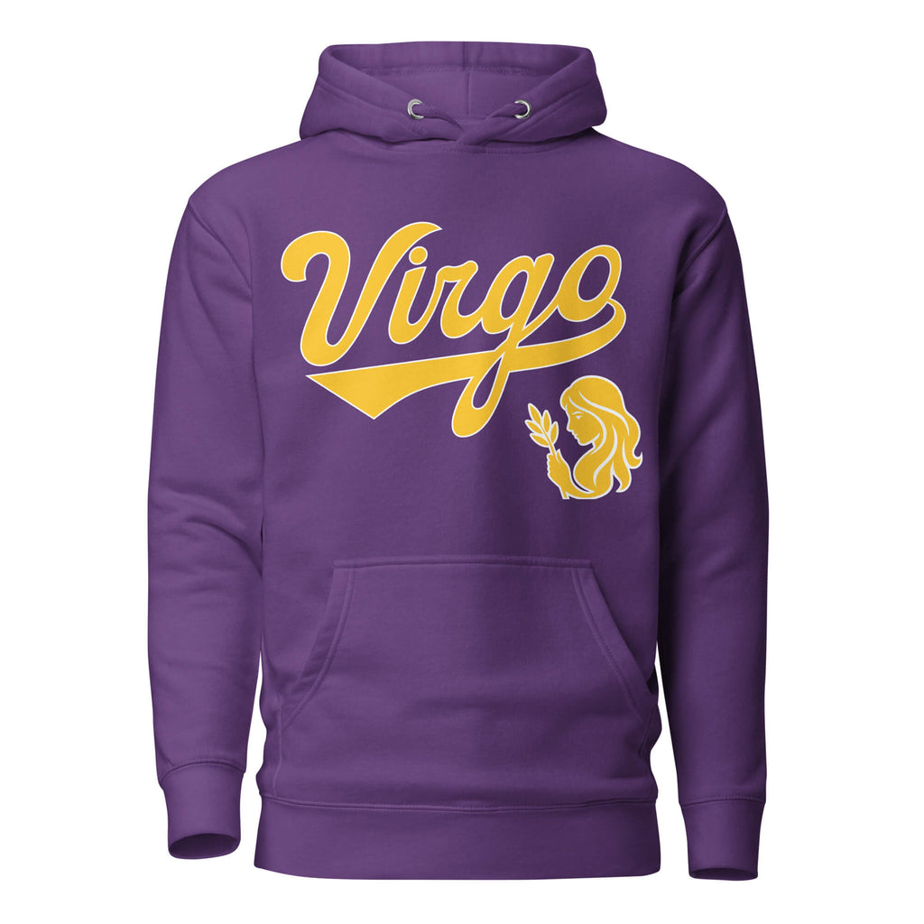 Virgo zodiac sports graphic hoodie, purple with gold ink, unisex athletic astrology apparel, front flat lay