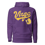 Virgo zodiac sports graphic hoodie, purple with gold ink, unisex athletic astrology apparel, front flat lay