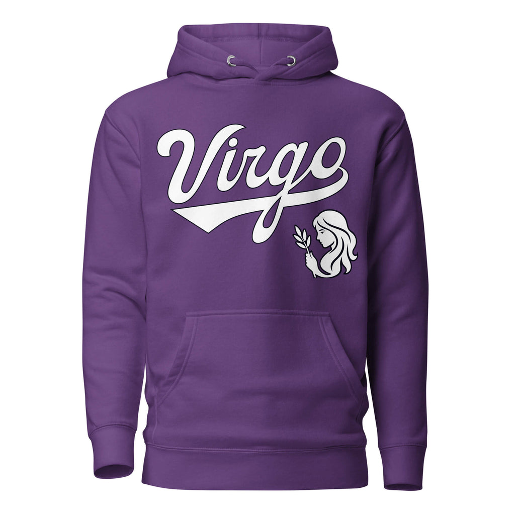 Virgo zodiac sports graphic hoodie, purple with white ink, unisex athletic astrology apparel, front flat lay