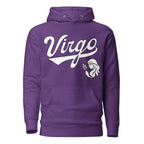 Virgo zodiac sports graphic hoodie, purple with white ink, unisex athletic astrology apparel, front flat lay