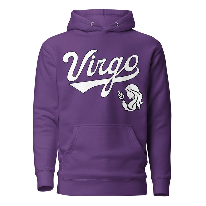 Virgo zodiac sports graphic hoodie, purple with white ink, unisex athletic astrology apparel, front flat lay