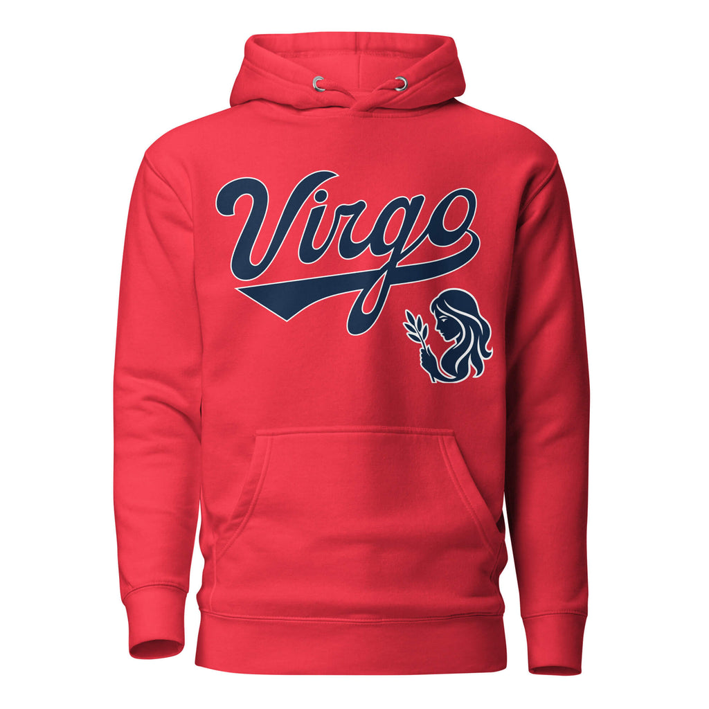 Virgo zodiac sports graphic hoodie, red with blue ink, unisex athletic astrology apparel, front flat lay
