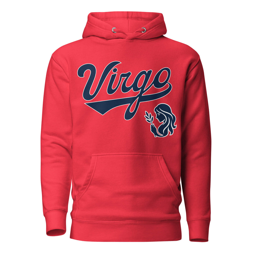 Virgo zodiac sports graphic hoodie, red with blue ink, unisex athletic astrology apparel, front flat lay