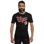 A man with a beard modeling a black short-sleeve t-shirt with a red graphic on the chest that reads 'Virgo' zodiac graphic, set against a plain white background.