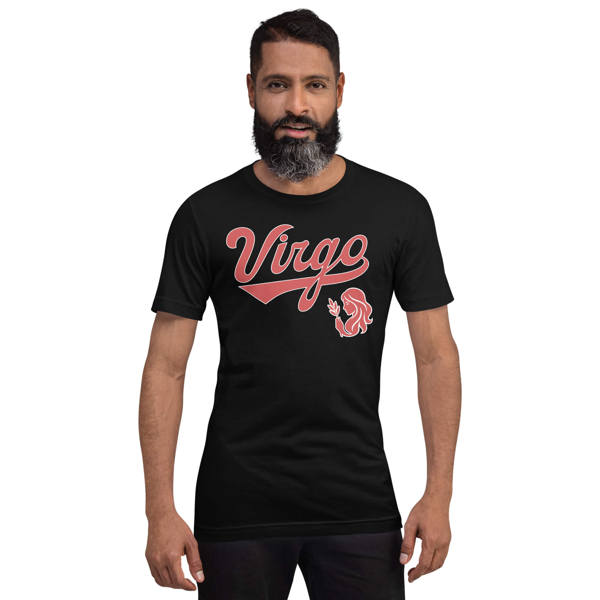 A man with a beard modeling a black short-sleeve t-shirt with a red graphic on the chest that reads 'Virgo' zodiac graphic, set against a plain white background.