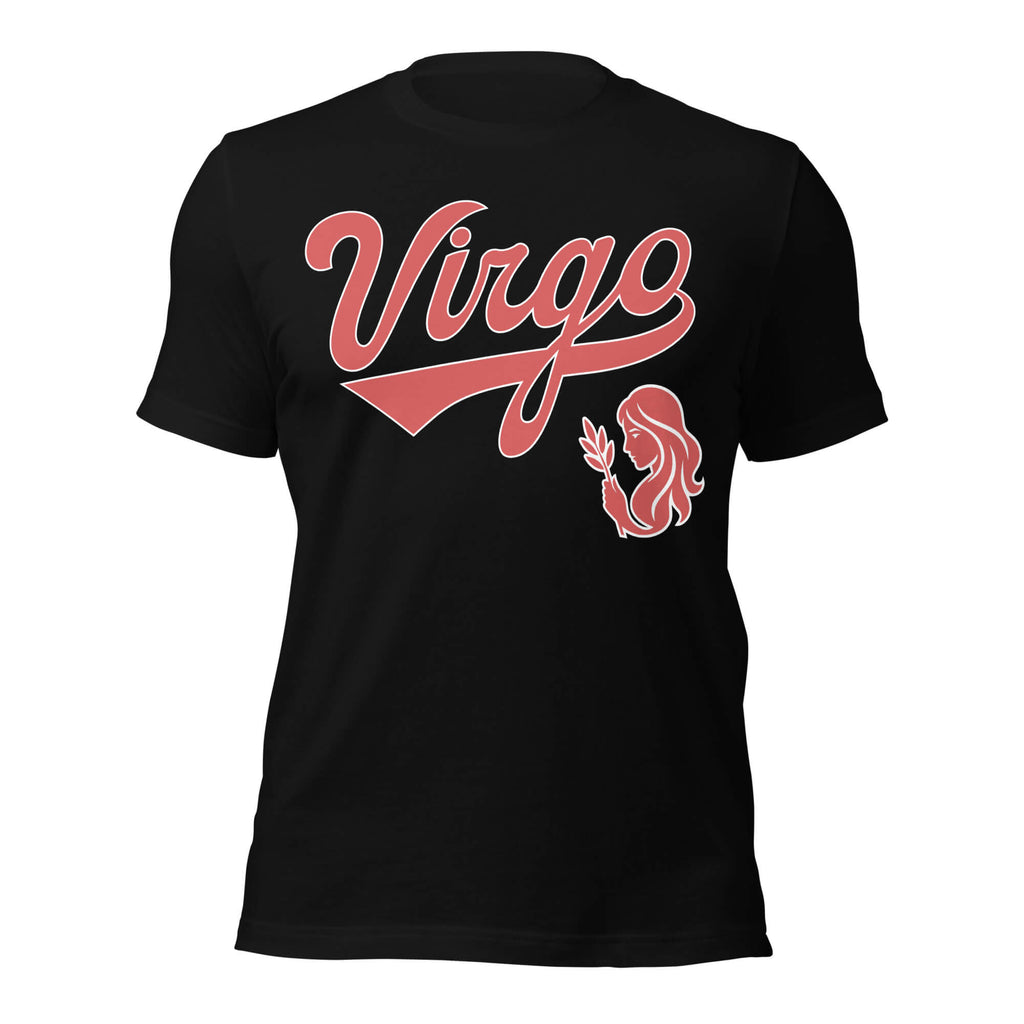 Virgo zodiac sports graphic t-shirt, black with red ink, unisex athletic astrology apparel, front flat lay
